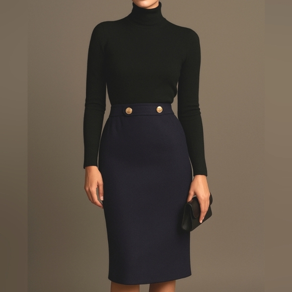 Celine Paris/ FROM ⭐️ HOLLYWOOD⭐️Vintage/midi skirt/wool/Gold buttons/ French 40 - Picture 1 of 16